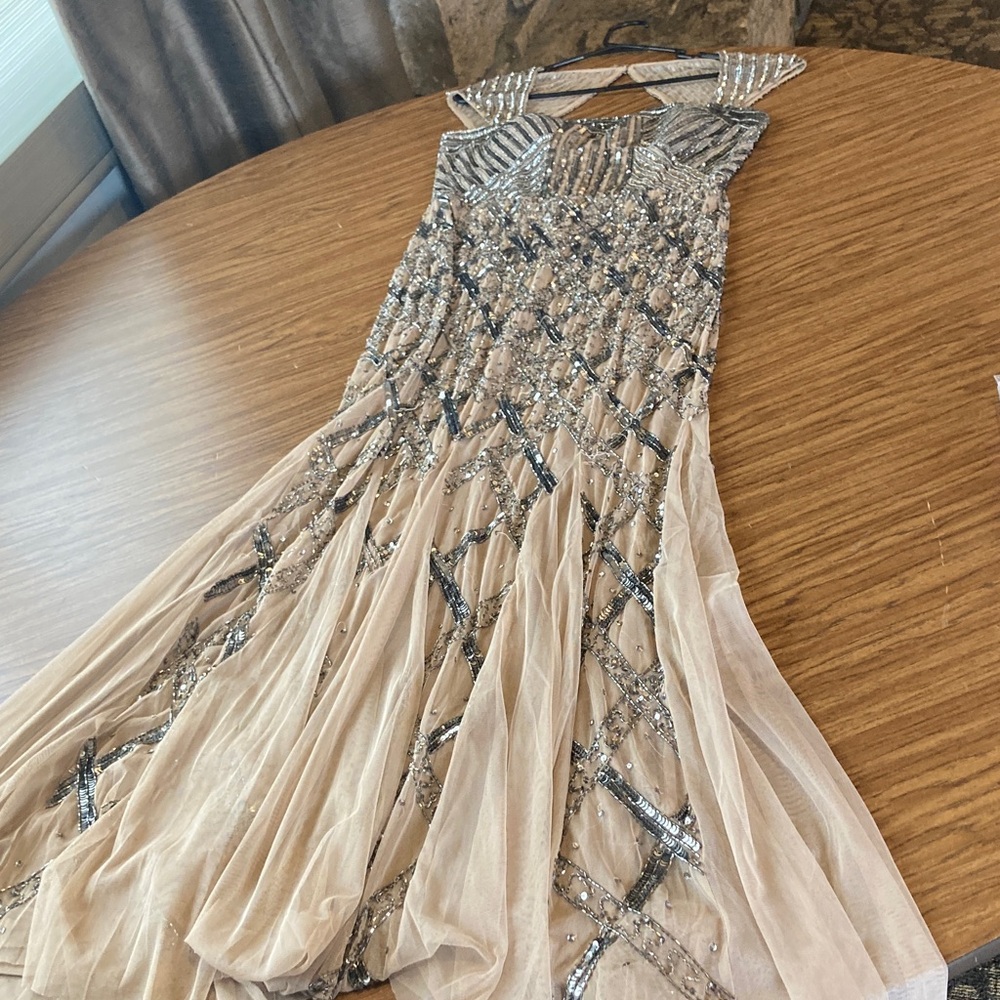 Adrianna Papell Beige and Silver Embellished Gown